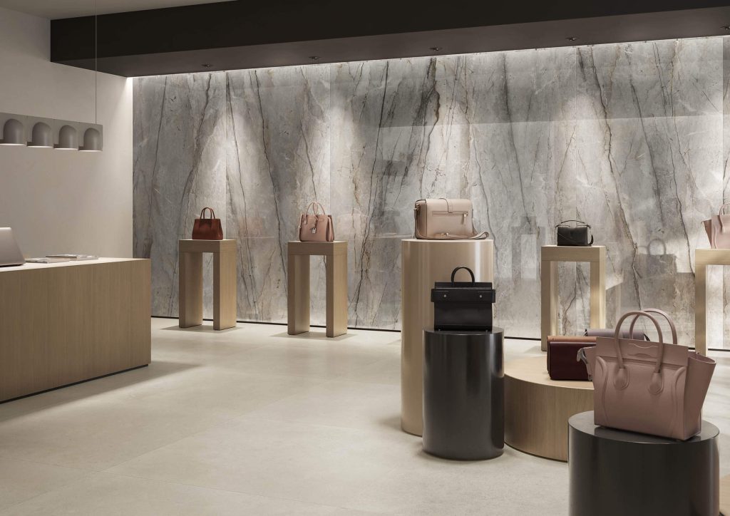 Mega Slab 10 large marble slabs in a retail space