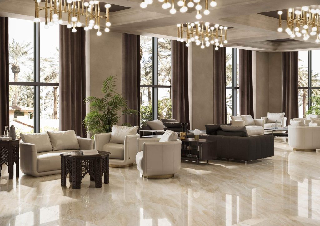 Mega Slab 8 large marble slabs in a living space