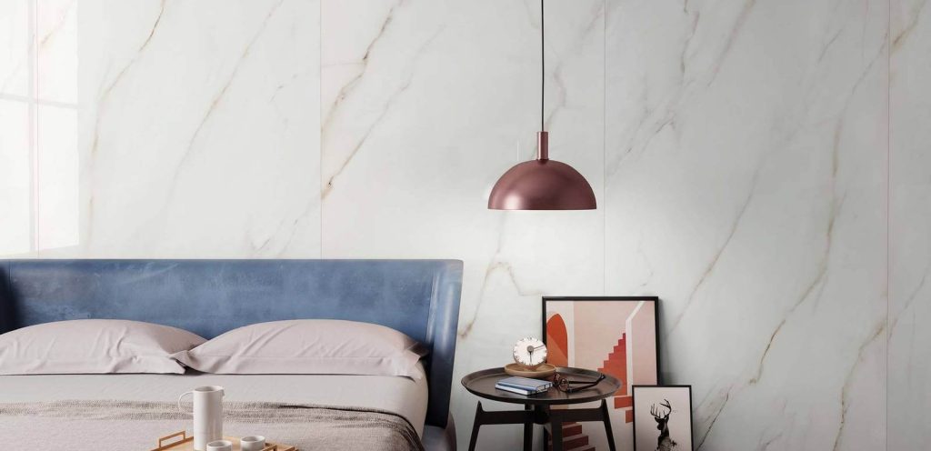 Mega Slab 9 large marble slabs in a bedroom
